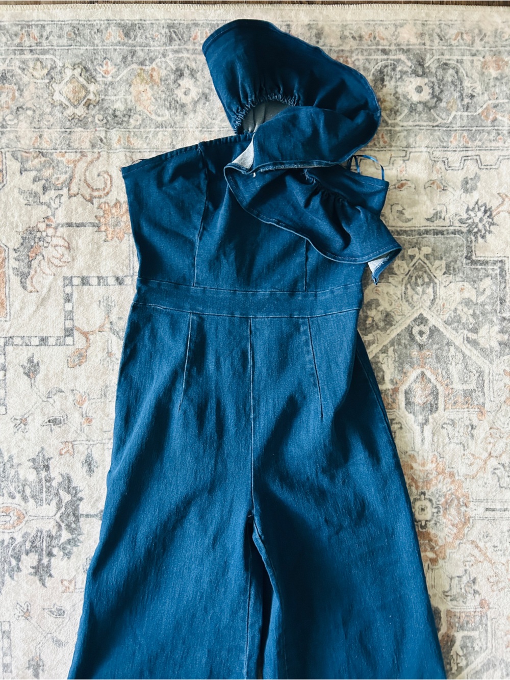 Flying Tomato Deep Teal Denim Romper with Ruffle Sleeve
